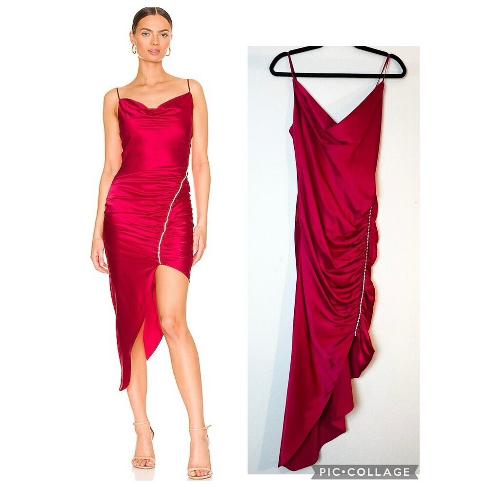 cinq a sept Fuchsia Satin Ruched Midi Dress with Draped Asymmetrical Hem